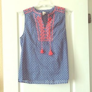 Blue and pink patterned sleeveless blouse